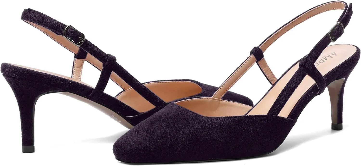 AMBELIGHT Womens Cute Office Square Toe Slingback Slip On Suede Kitten High Heel Pumps Shoes 2.5 Inch