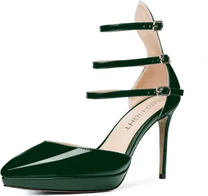 AMBELIGHT Womens Evening Patent Ankle Strap Dress Heels Buckle Pointed Toe Platform Stiletto High Heel Pumps Shoes 4 Inch