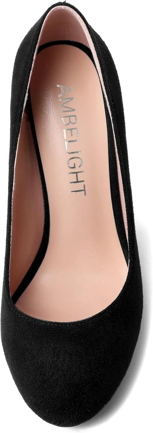 AMBELIGHT Womens Solid Suede Round Toe Elegant Dress Slip On Stiletto High Heel Pumps Shoes 4 Inch
