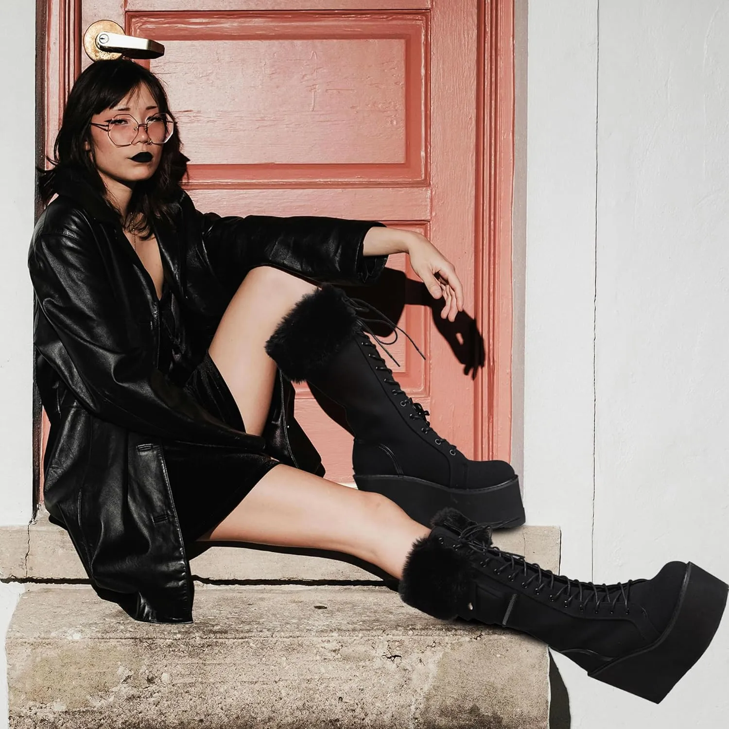 AMINUGAL Knee High Boots Women Round Toe Black Platform Combat Boots Womens Lace Up Wedge Boots Chunky Block Heel Punk Goth Wide Calf Boots Gothic Motorcycle Booties for Women