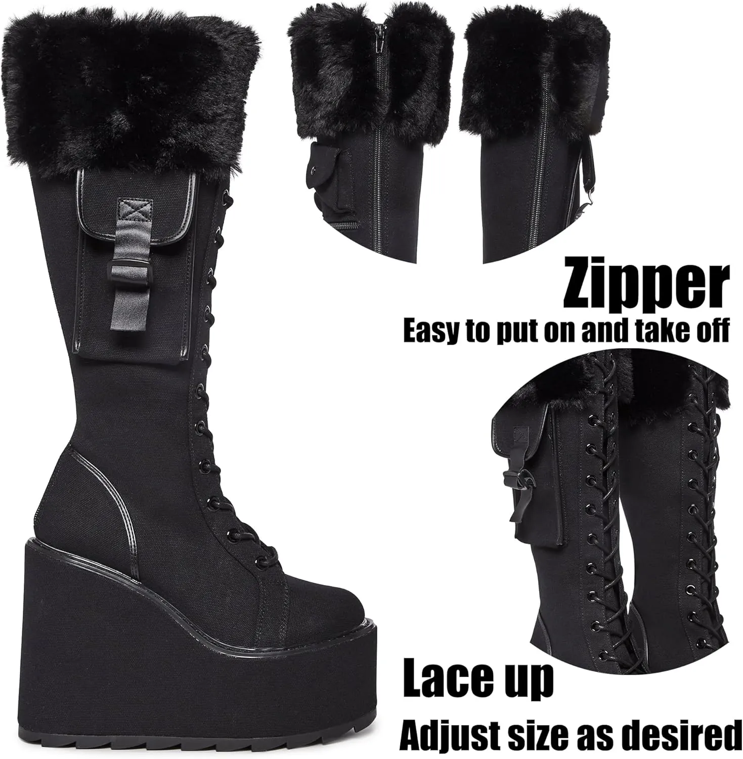 AMINUGAL Knee High Boots Women Round Toe Black Platform Combat Boots Womens Lace Up Wedge Boots Chunky Block Heel Punk Goth Wide Calf Boots Gothic Motorcycle Booties for Women