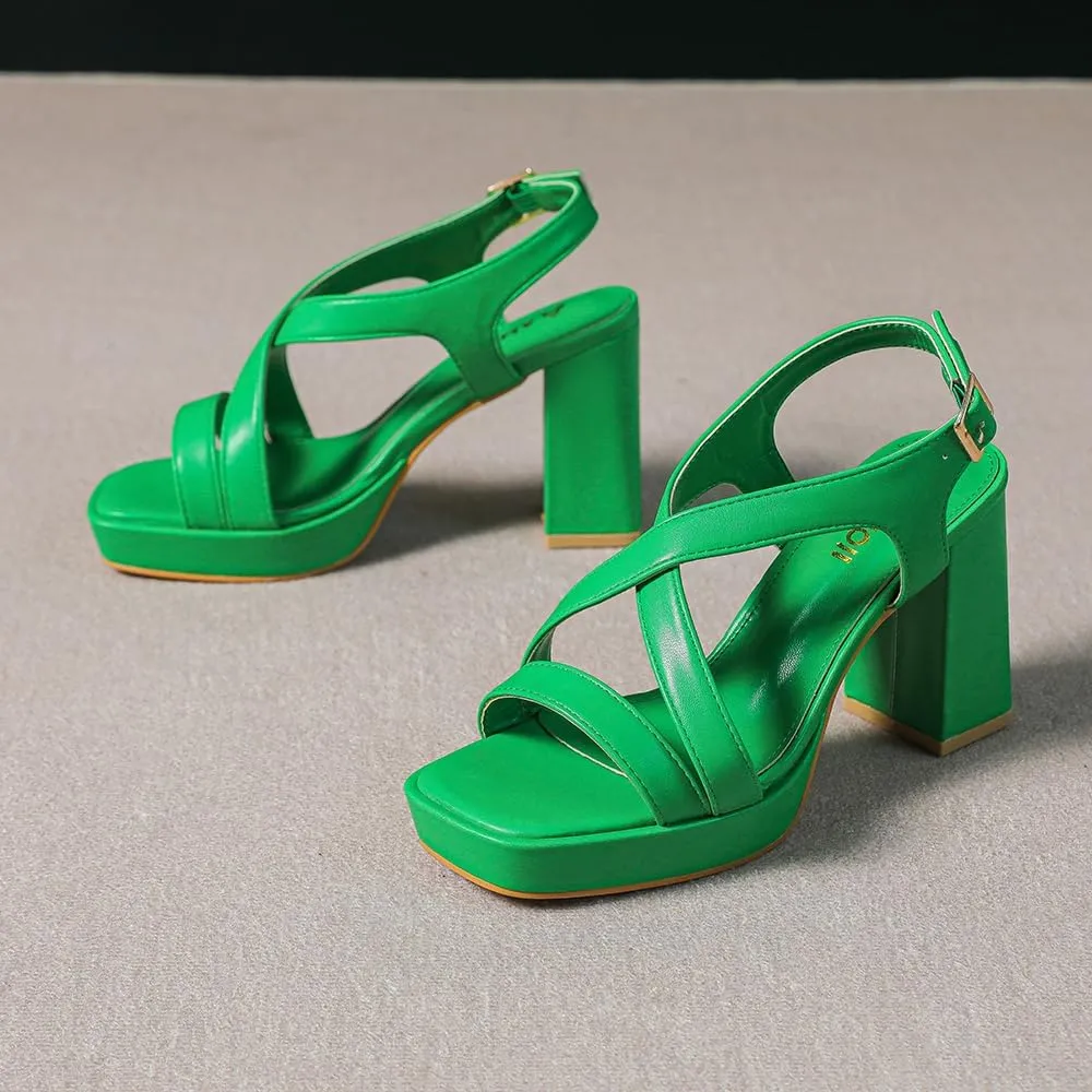 Amoji Women 4 Inch Block Heels Platform Cross Strap Chunky Heeled Sandals 318