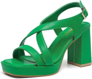 Amoji Women 4 Inch Block Heels Platform Cross Strap Chunky Heeled Sandals 318