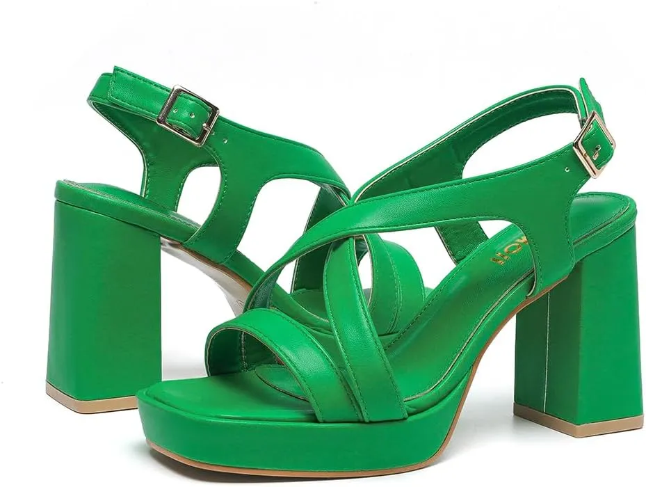 Amoji Women 4 Inch Block Heels Platform Cross Strap Chunky Heeled Sandals 318