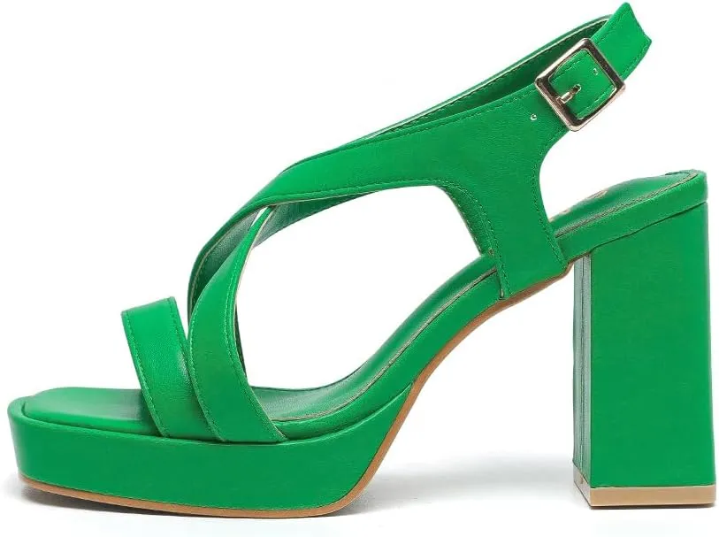 Amoji Women 4 Inch Block Heels Platform Cross Strap Chunky Heeled Sandals 318
