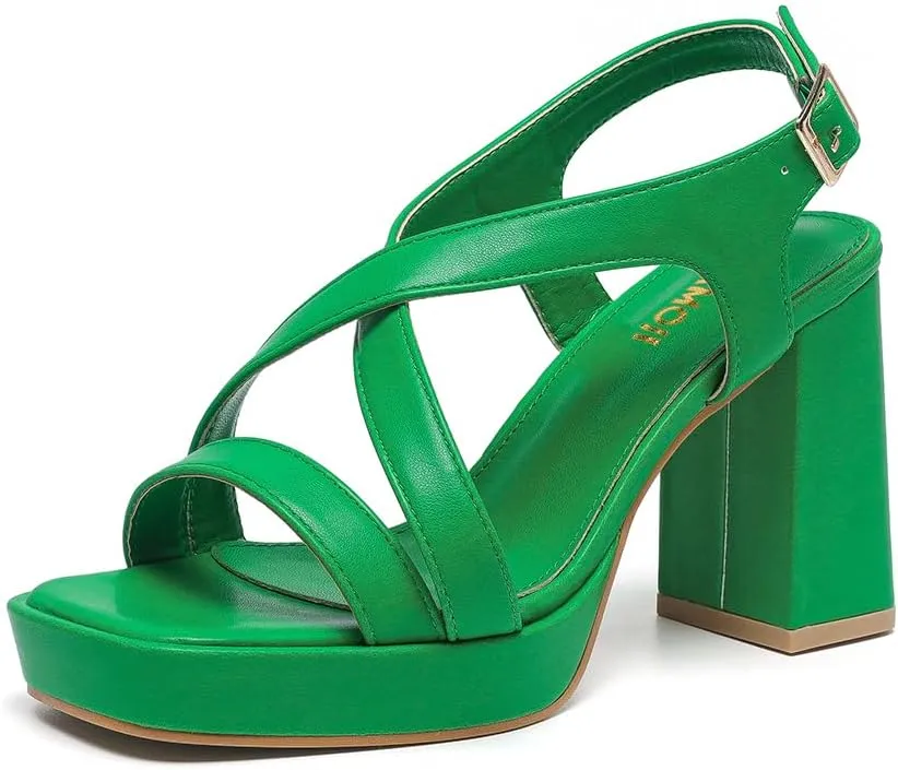 Amoji Women 4 Inch Block Heels Platform Cross Strap Chunky Heeled Sandals 318
