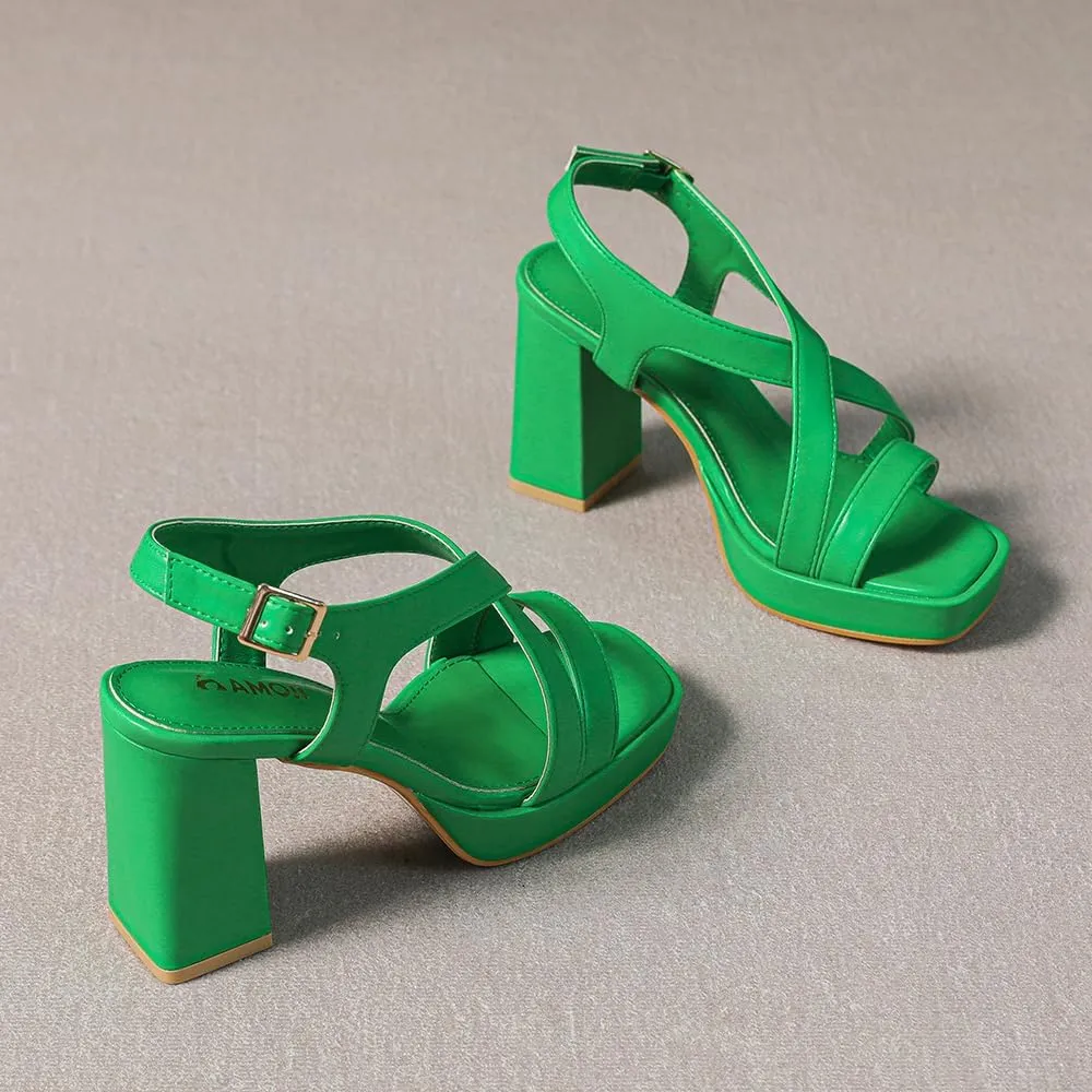 Amoji Women 4 Inch Block Heels Platform Cross Strap Chunky Heeled Sandals 318