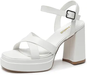 Amoji Women's 4 Inch Platform Chunky Heel Cross Straps Block Y2K Heeled Sandals 312