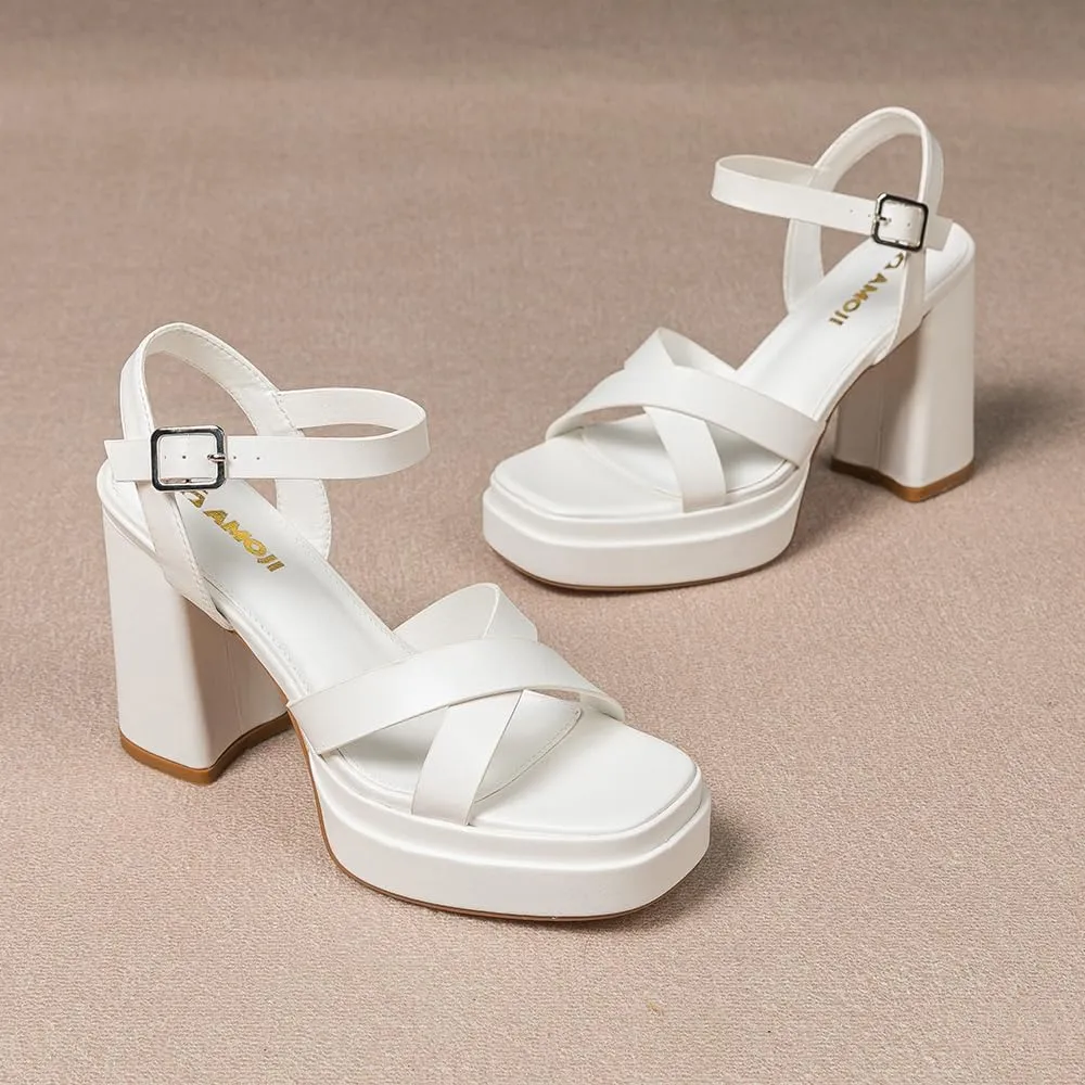 Amoji Women's 4 Inch Platform Chunky Heel Cross Straps Block Y2K Heeled Sandals 312