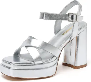 Amoji Women's 4 Inch Platform Chunky Heel Cross Straps Block Y2K Heeled Sandals 312
