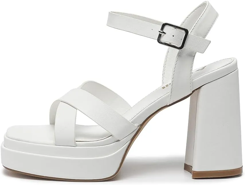Amoji Women's 4 Inch Platform Chunky Heel Cross Straps Block Y2K Heeled Sandals 312