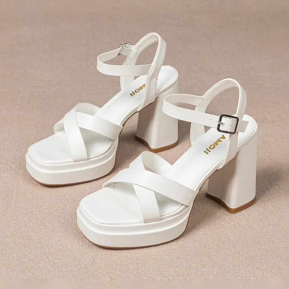Amoji Women's 4 Inch Platform Chunky Heel Cross Straps Block Y2K Heeled Sandals 312
