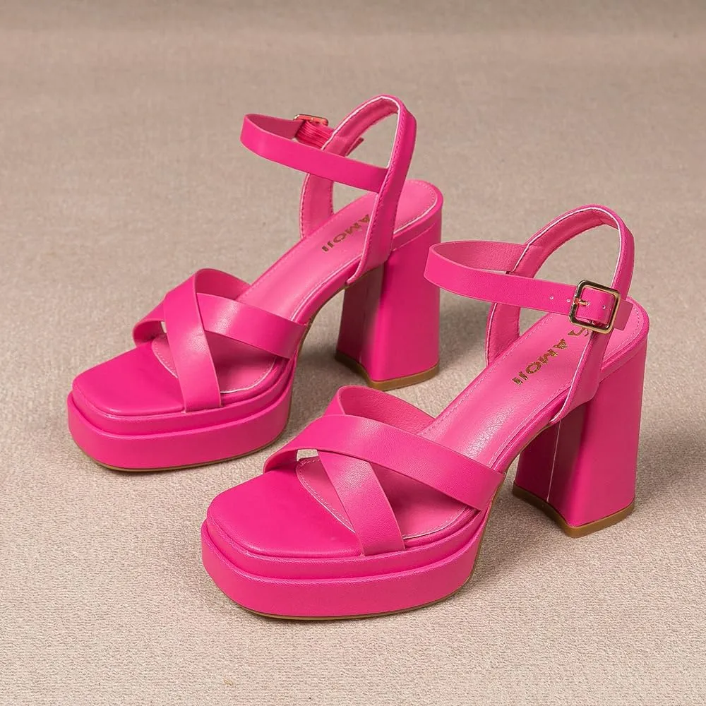 Amoji Women's 4 Inch Platform Chunky Heel Cross Straps Block Y2K Heeled Sandals 312