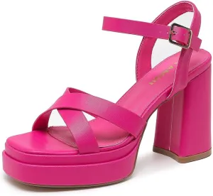 Amoji Women's 4 Inch Platform Chunky Heel Cross Straps Block Y2K Heeled Sandals 312