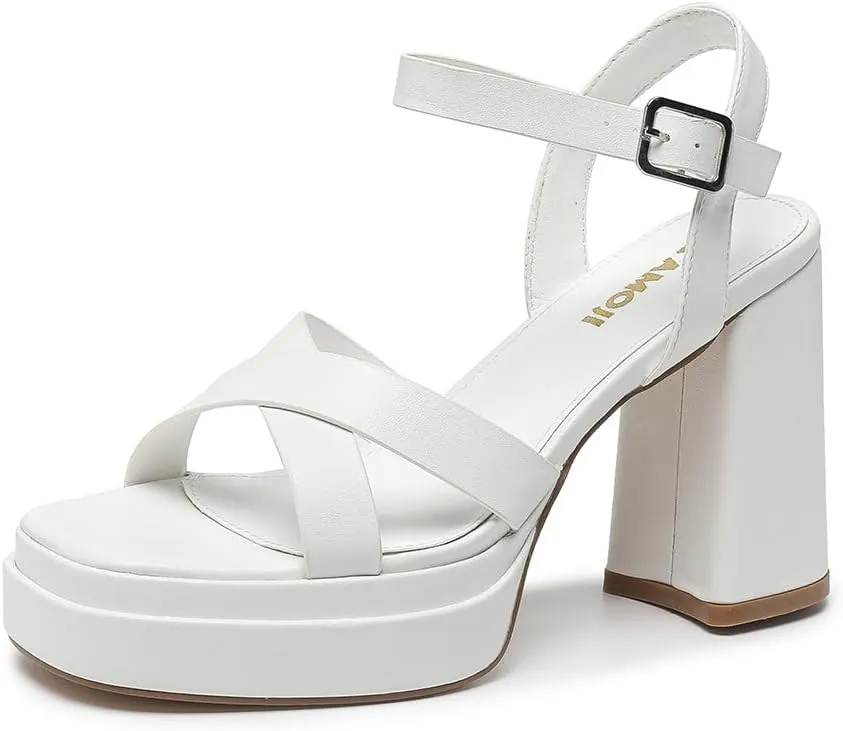 Amoji Women's 4 Inch Platform Chunky Heel Cross Straps Block Y2K Heeled Sandals 312