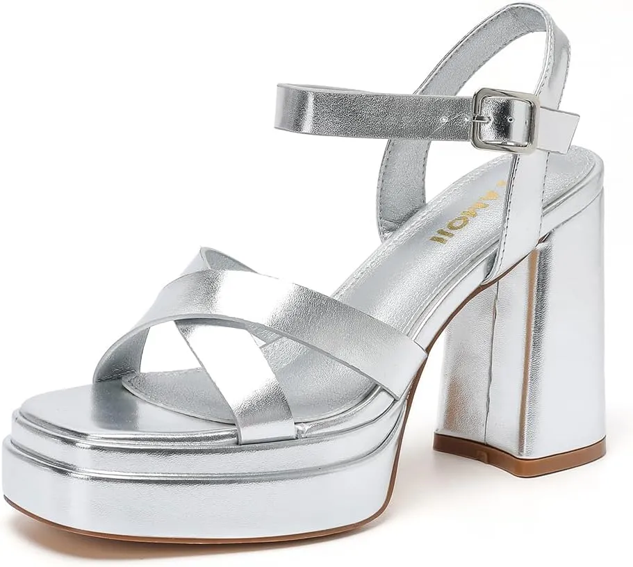 Amoji Women's 4 Inch Platform Chunky Heel Cross Straps Block Y2K Heeled Sandals 312