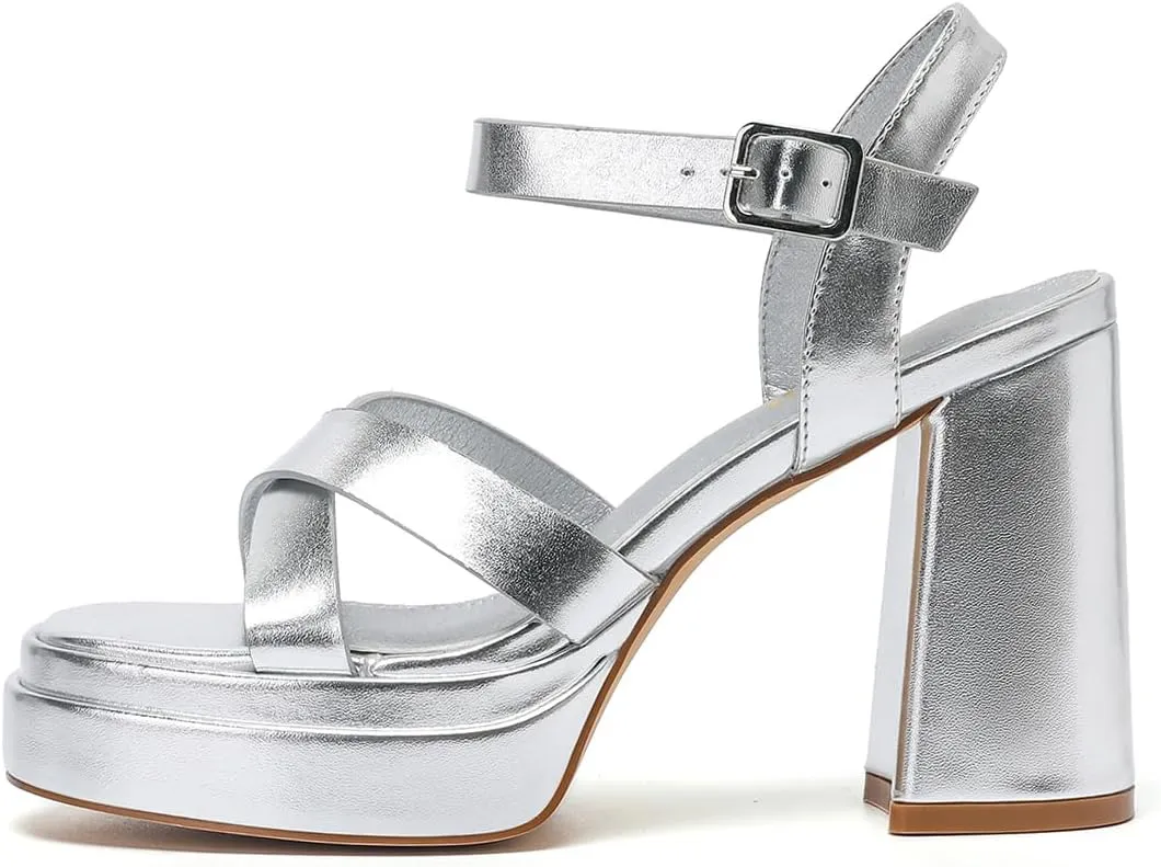 Amoji Women's 4 Inch Platform Chunky Heel Cross Straps Block Y2K Heeled Sandals 312