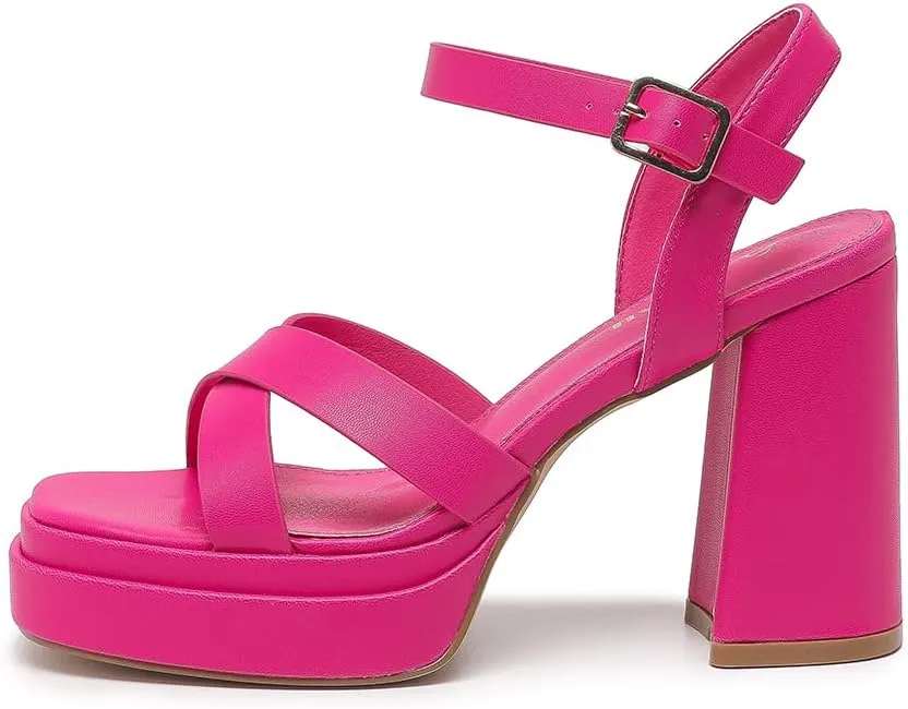 Amoji Women's 4 Inch Platform Chunky Heel Cross Straps Block Y2K Heeled Sandals 312