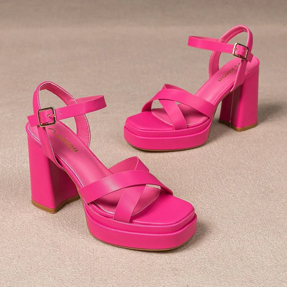 Amoji Women's 4 Inch Platform Chunky Heel Cross Straps Block Y2K Heeled Sandals 312