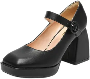 Amoji Women's 4 Inch Platform Mary Janes Shoes High Chunky Heels Bridal Dress Wedding Party Pump Shoes 306