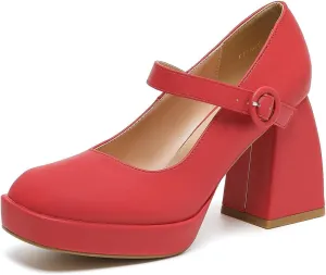 Amoji Women's 4 Inch Platform Mary Janes Shoes High Chunky Heels Bridal Dress Wedding Party Pump Shoes 306