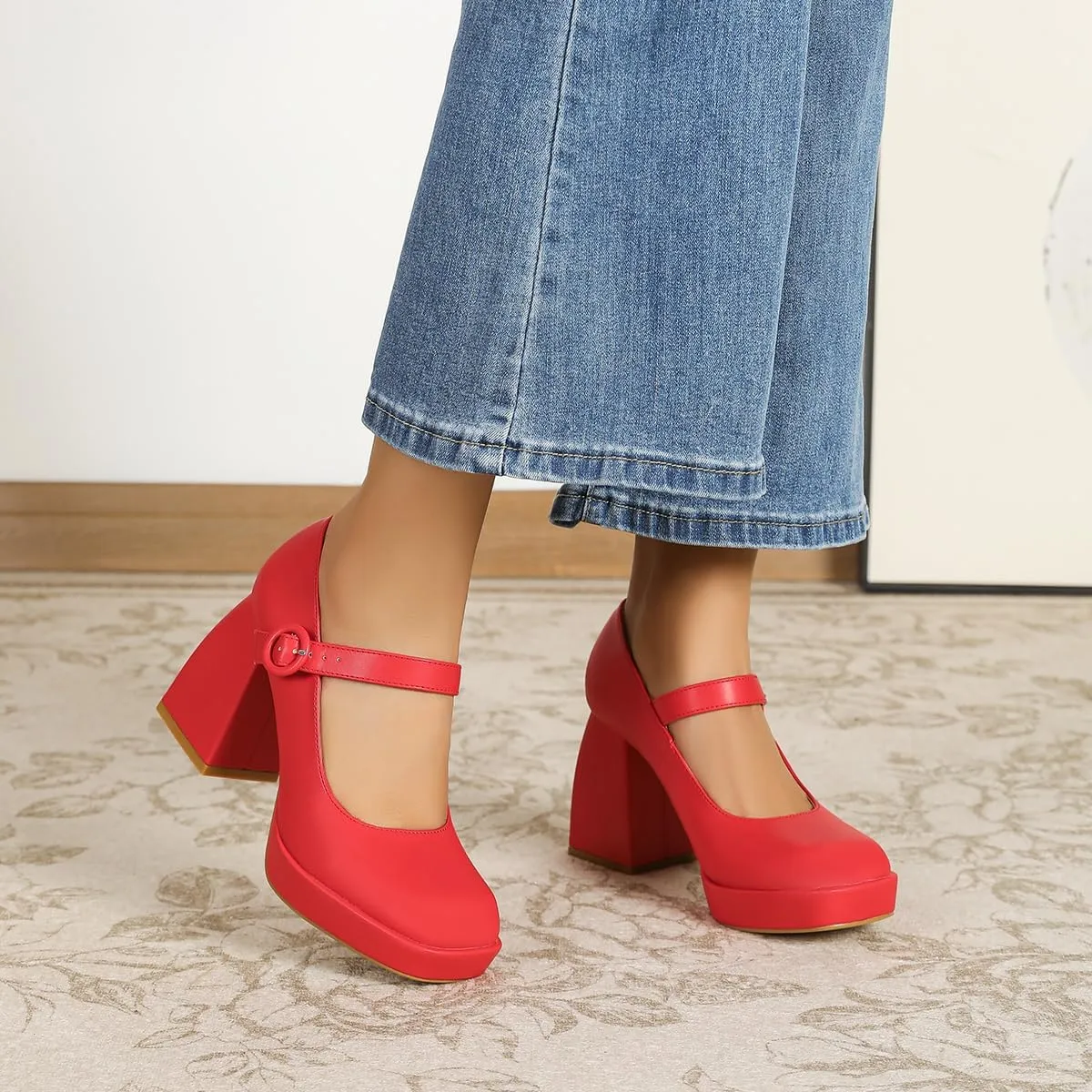 Amoji Women's 4 Inch Platform Mary Janes Shoes High Chunky Heels Bridal Dress Wedding Party Pump Shoes 306