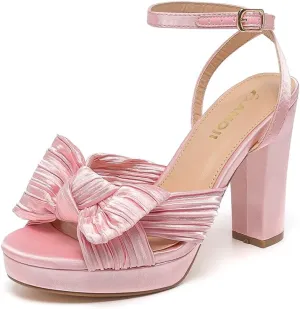 Amoji Women's Chunky Platform Heels 4'' Bowknot Heeled Sandal Wedding With Ankle Strap 302F4