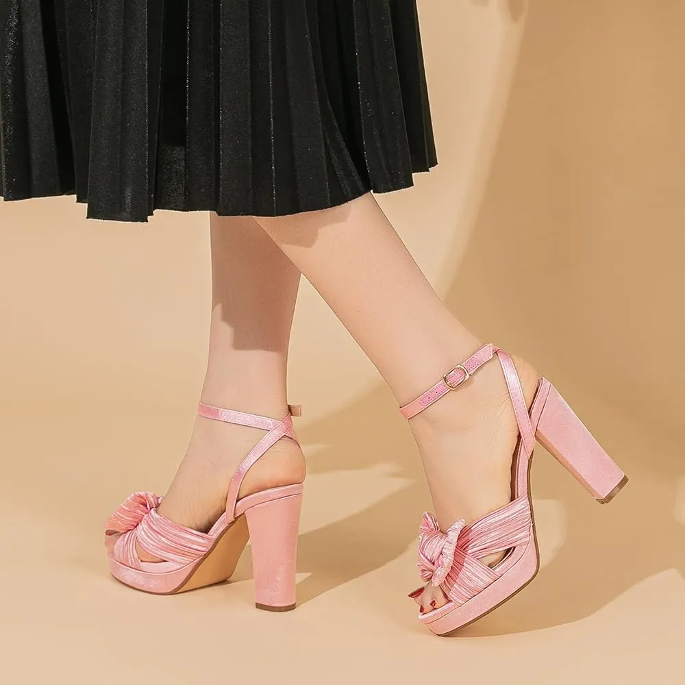 Amoji Women's Chunky Platform Heels 4'' Bowknot Heeled Sandal Wedding With Ankle Strap 302F4