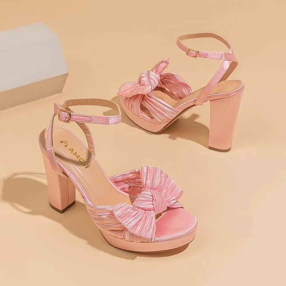 Amoji Women's Chunky Platform Heels 4'' Bowknot Heeled Sandal Wedding With Ankle Strap 302F4