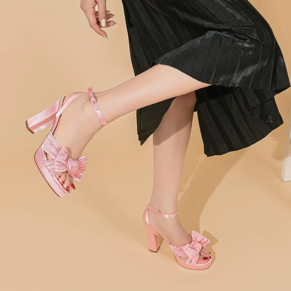 Amoji Women's Chunky Platform Heels 4'' Bowknot Heeled Sandal Wedding With Ankle Strap 302F4