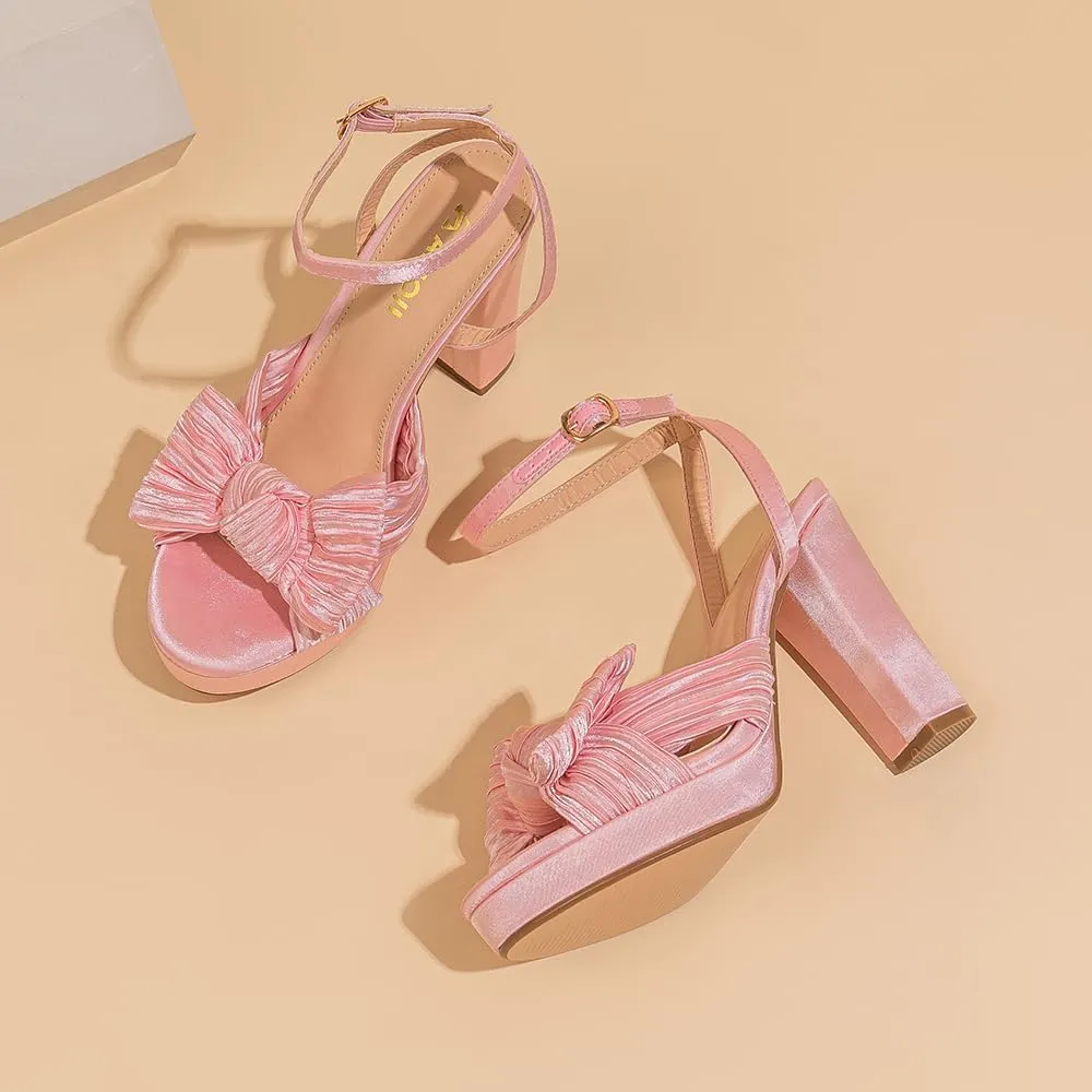 Amoji Women's Chunky Platform Heels 4'' Bowknot Heeled Sandal Wedding With Ankle Strap 302F4