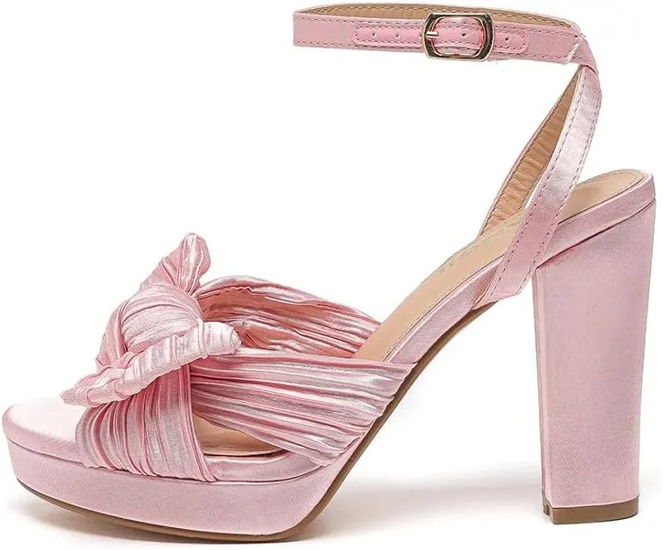 Amoji Women's Chunky Platform Heels 4'' Bowknot Heeled Sandal Wedding With Ankle Strap 302F4