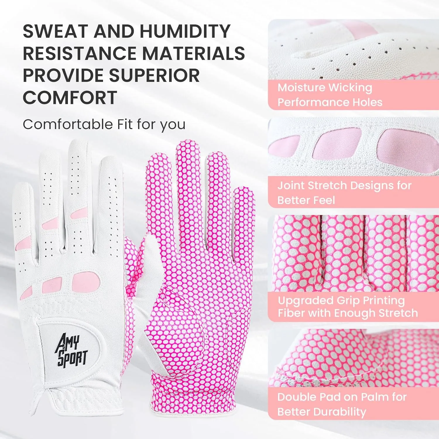 Amy Sport Golf Gloves Women Left Hand Right All Weather Rain Grip Value 2 Pack, Ladies Soft Pink Glove Lh Rh Both Hand Fit Size Small Medium Large XL