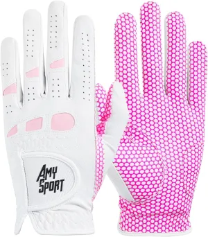 Amy Sport Golf Gloves Women Left Hand Right All Weather Rain Grip Value 2 Pack, Ladies Soft Pink Glove Lh Rh Both Hand Fit Size Small Medium Large XL