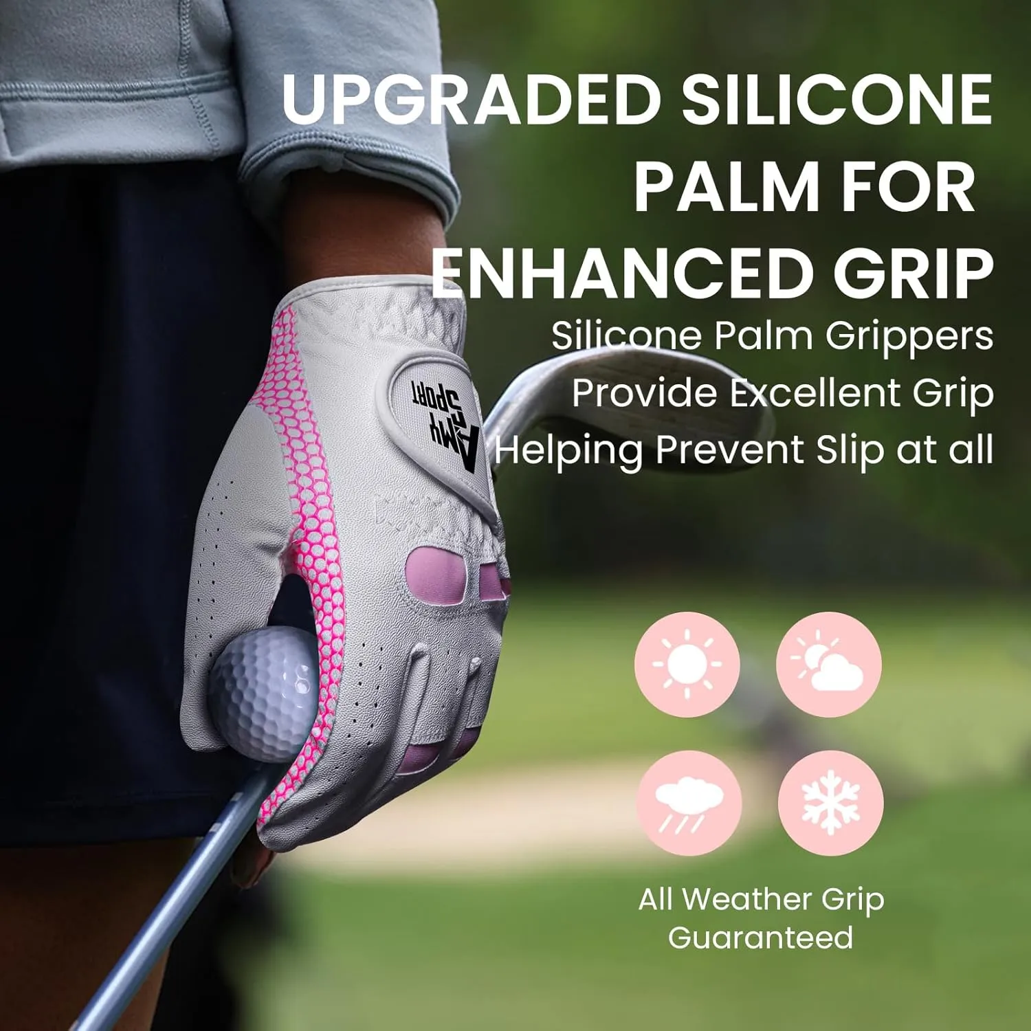 Amy Sport Golf Gloves Women Left Hand Right All Weather Rain Grip Value 2 Pack, Ladies Soft Pink Glove Lh Rh Both Hand Fit Size Small Medium Large XL
