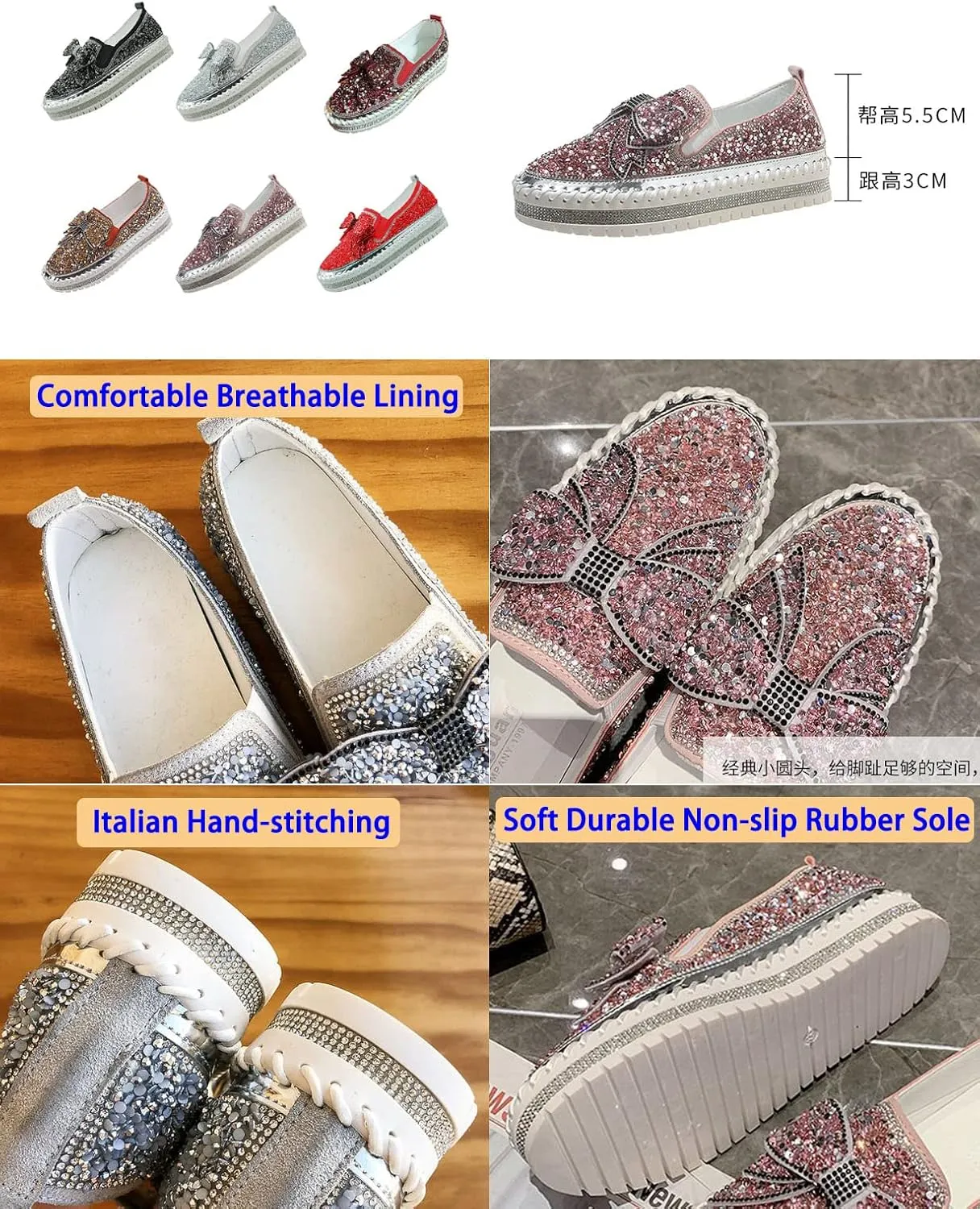 AngryMonkey Women's Rhinestones Glitter Slip On Sneakers,Cute Bow Comfort Platform Walking Flat Loafer Stitch Casual Shoes