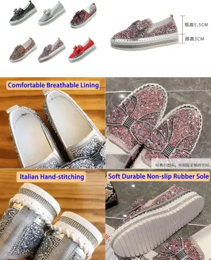 AngryMonkey Women's Rhinestones Glitter Slip On Sneakers,Cute Bow Comfort Platform Walking Flat Loafer Stitch Casual Shoes