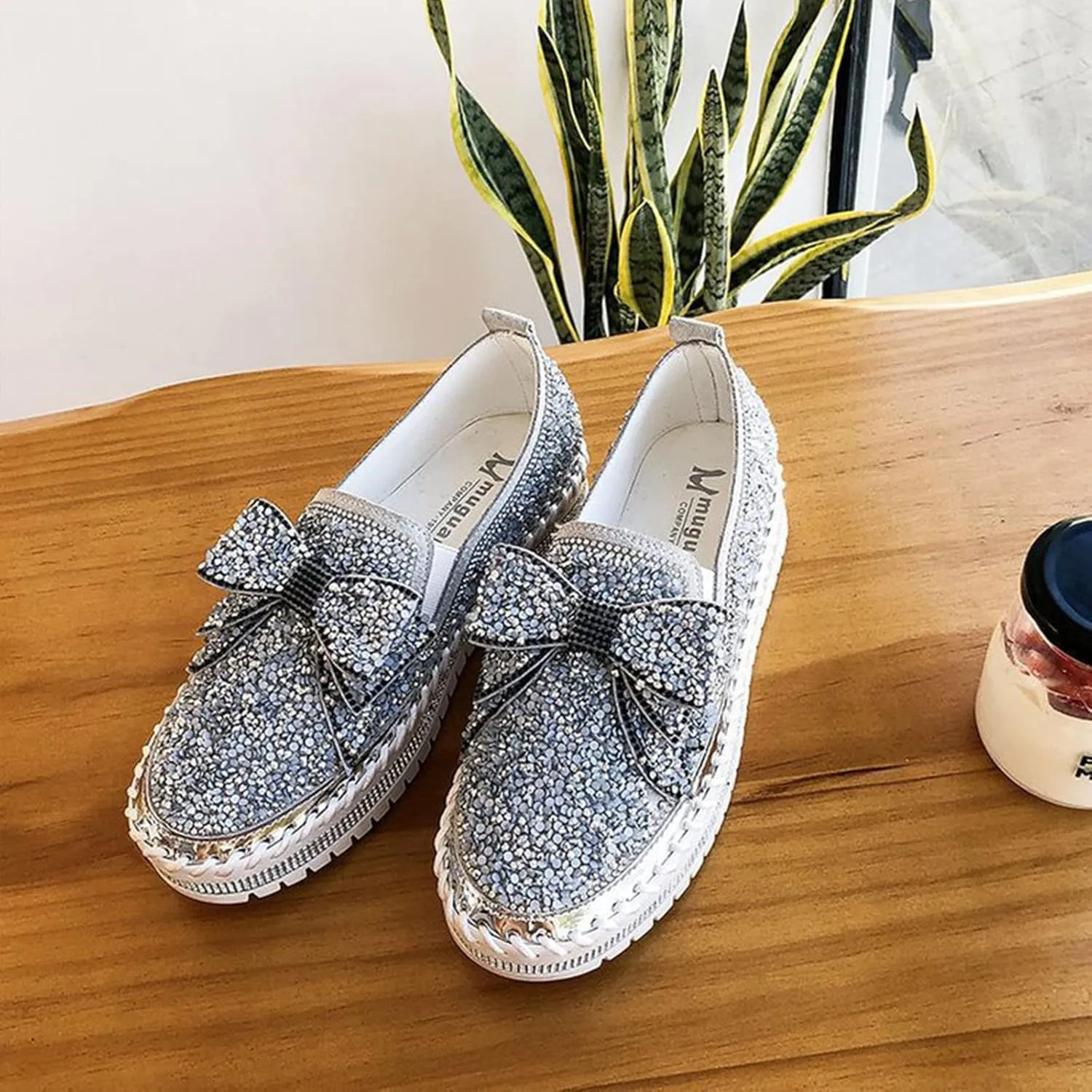 AngryMonkey Women's Rhinestones Glitter Slip On Sneakers,Cute Bow Comfort Platform Walking Flat Loafer Stitch Casual Shoes