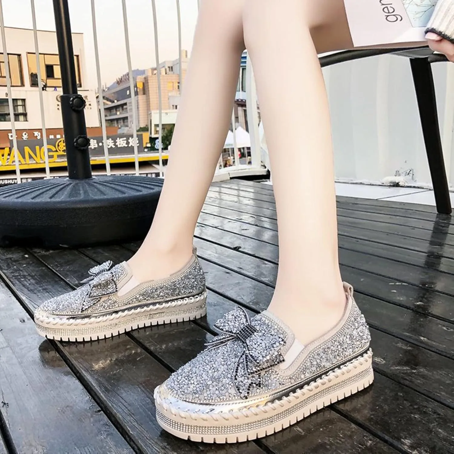 AngryMonkey Women's Rhinestones Glitter Slip On Sneakers,Cute Bow Comfort Platform Walking Flat Loafer Stitch Casual Shoes