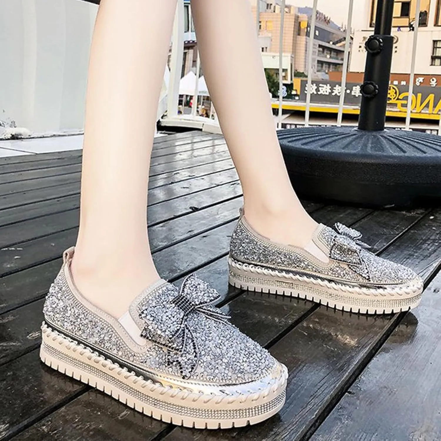 AngryMonkey Women's Rhinestones Glitter Slip On Sneakers,Cute Bow Comfort Platform Walking Flat Loafer Stitch Casual Shoes