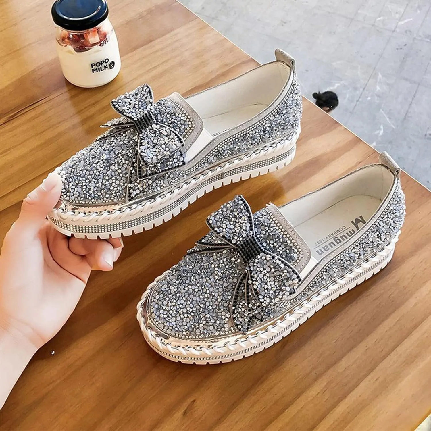 AngryMonkey Women's Rhinestones Glitter Slip On Sneakers,Cute Bow Comfort Platform Walking Flat Loafer Stitch Casual Shoes