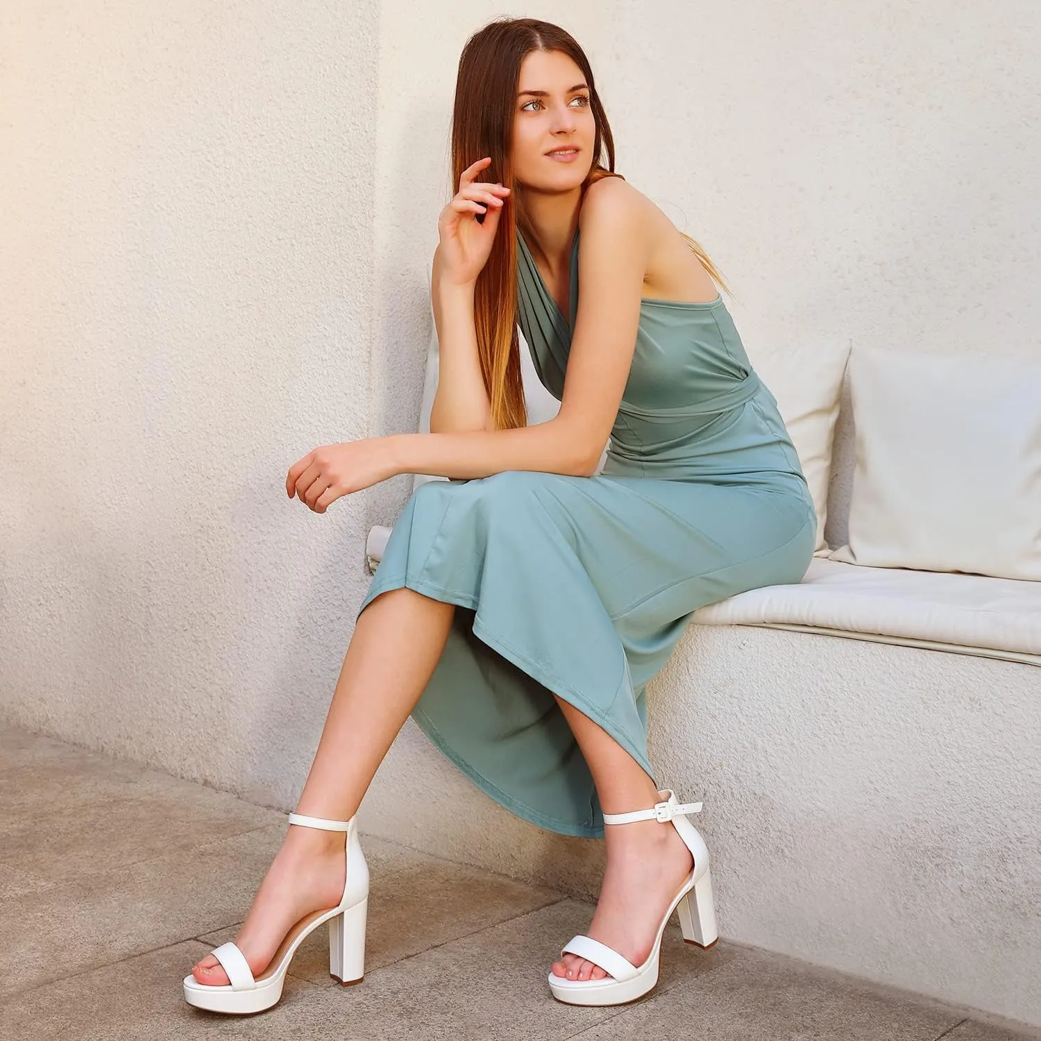 Ankis Chunky Platform Heels - 4 Inch Block Heeled Sandals for Women - Comfortable Open Toe Strappy Heels - Black, Nude, White, Silver, Gold - Summer Dress Shoes