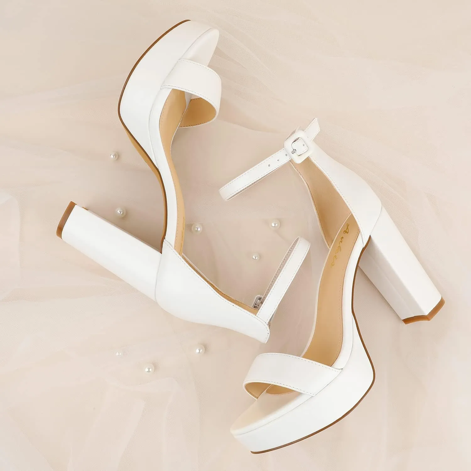 Ankis Chunky Platform Heels - 4 Inch Block Heeled Sandals for Women - Comfortable Open Toe Strappy Heels - Black, Nude, White, Silver, Gold - Summer Dress Shoes