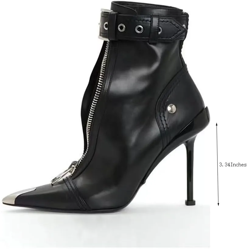 Ankle Boots for Women Block Belt Buckle Front Zipper Elegant Pointed Toe High Stilettos Heels Shorts Leather Booties