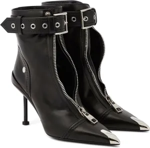 Ankle Boots for Women Block Belt Buckle Front Zipper Elegant Pointed Toe High Stilettos Heels Shorts Leather Booties