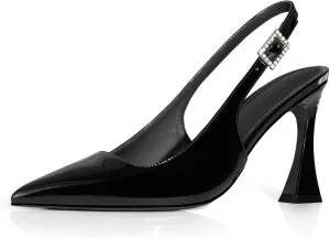 anteikira Women's Closed Toe High Spool Heel Buckle Slingback Pumps Patent Leather Stiletto Heels Fashion Wedding Party Evening Prom Heels for Women