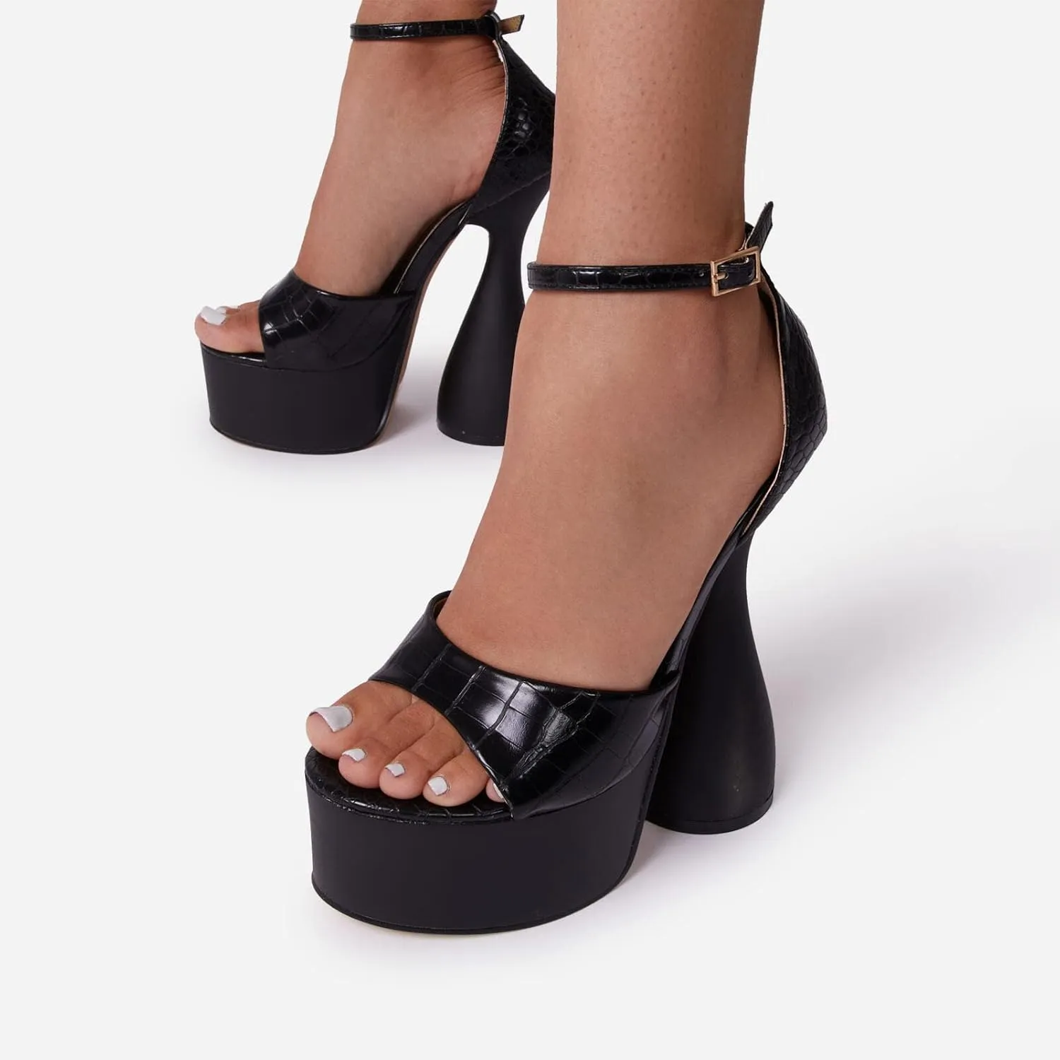 anteikira Women's High Heels Fashion Platform Ankle Straps Special Heel Round Open Toe Stone Pattern Summer Shopping Work Pumps
