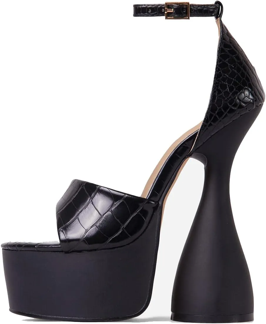 anteikira Women's High Heels Fashion Platform Ankle Straps Special Heel Round Open Toe Stone Pattern Summer Shopping Work Pumps