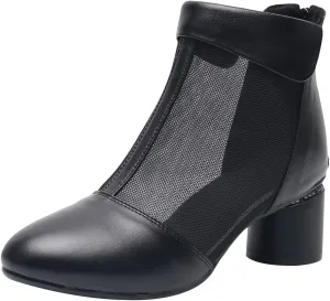 ANUFER Women's Elegant Block Heel Ankle Boots Breathable Mesh Hollowed-out Summer Booties Pumps