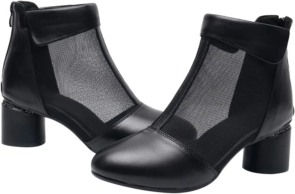 ANUFER Women's Elegant Block Heel Ankle Boots Breathable Mesh Hollowed-out Summer Booties Pumps
